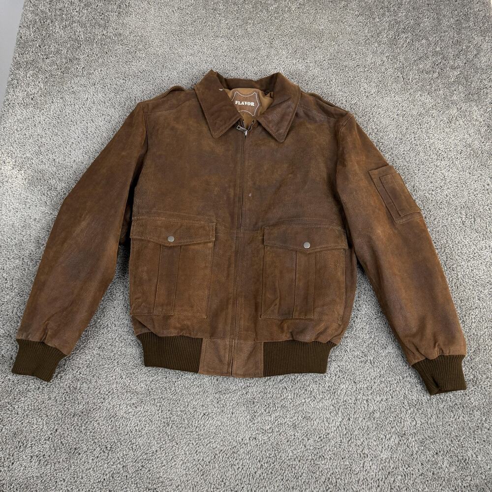 FLAVOR Jacket Mens Medium Brown Leather Bomber USA Flag Lined Full Zip Ribbed